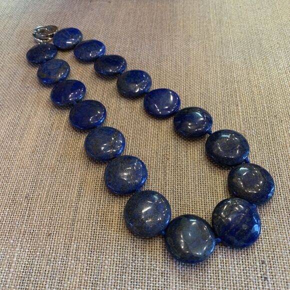 Lapis Lazuli Round Disc Necklace Natural Stone Semi Precious Blue/Gold 23 Cm - Picture 1 of 6